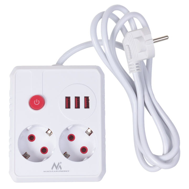 Maclean power strip, extension cord 2 sockets + 3xUSB, 110-240V AC 50/60Hz, 2.1A max 2500W, 1.5m, white, MCE387 W