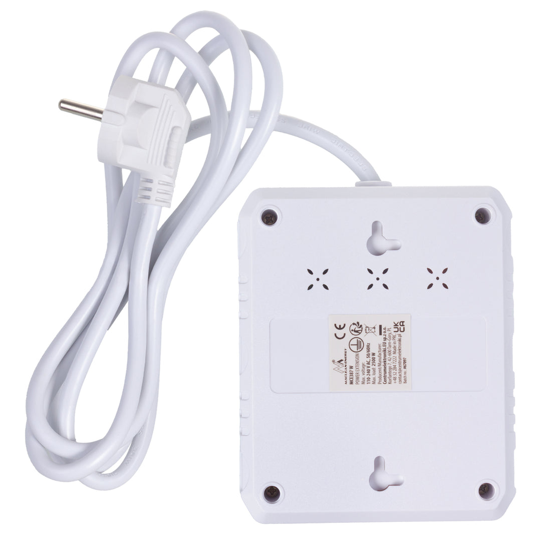 Maclean power strip, extension cord 2 sockets + 3xUSB, 110-240V AC 50/60Hz, 2.1A max 2500W, 1.5m, white, MCE387 W