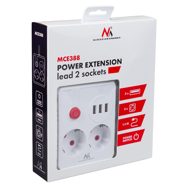 Maclean power strip, extension cord 2 sockets + 3xUSB, 110-240V AC 50/60Hz, 2.1A max 2500W, 1.5m, white, MCE387 W