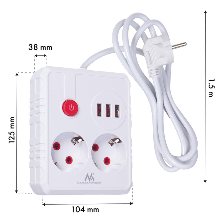 Maclean power strip, extension cord 2 sockets + 3xUSB, 110-240V AC 50/60Hz, 2.1A max 2500W, 1.5m, white, MCE387 W