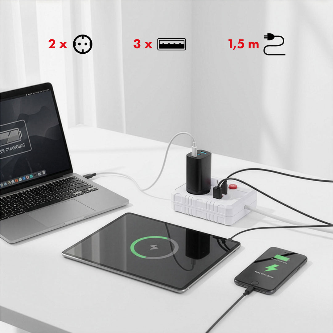 Maclean power strip, extension cord 2 sockets + 3xUSB, 110-240V AC 50/60Hz, 2.1A max 2500W, 1.5m, white, MCE387 W