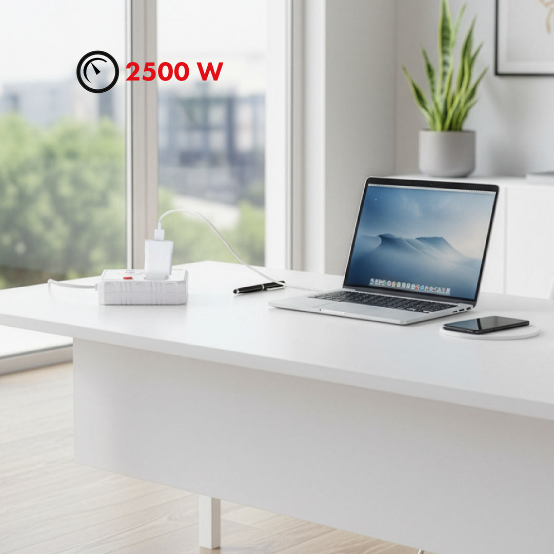 Maclean power strip, extension cord 2 sockets + 3xUSB, 110-240V AC 50/60Hz, 2.1A max 2500W, 1.5m, white, MCE387 W