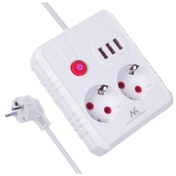 Maclean power strip, extension cord 2 sockets + 3xUSB, 110-240V AC 50/60Hz, 2.1A max 2500W, 1.5m, white, MCE387 W