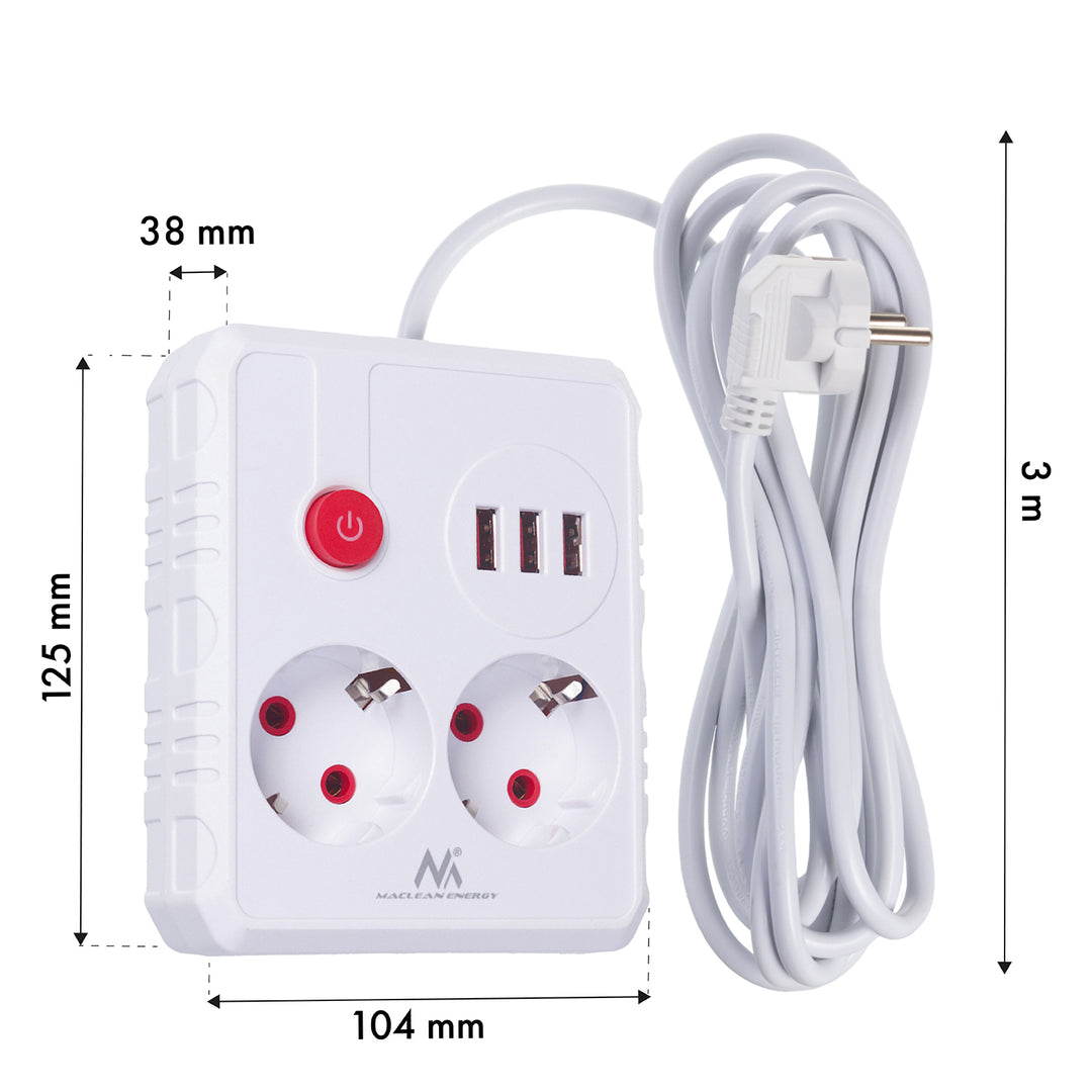 Maclean power strip, extender 2 sockets + 3xUSB, 110-240V AC 50/60Hz, 2.1A max 2500W, 3 m, white, MCE388 W