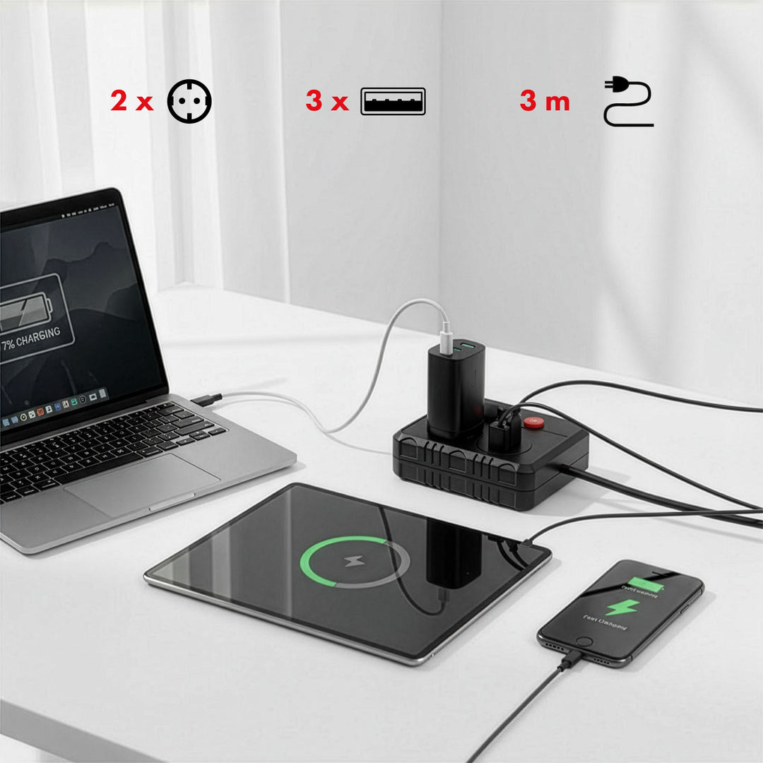 Maclean power strip, extender 2 sockets + 3xUSB, 110-240V AC 50/60Hz, 2.1A max 2500W, 3 m, black, MCE388 B