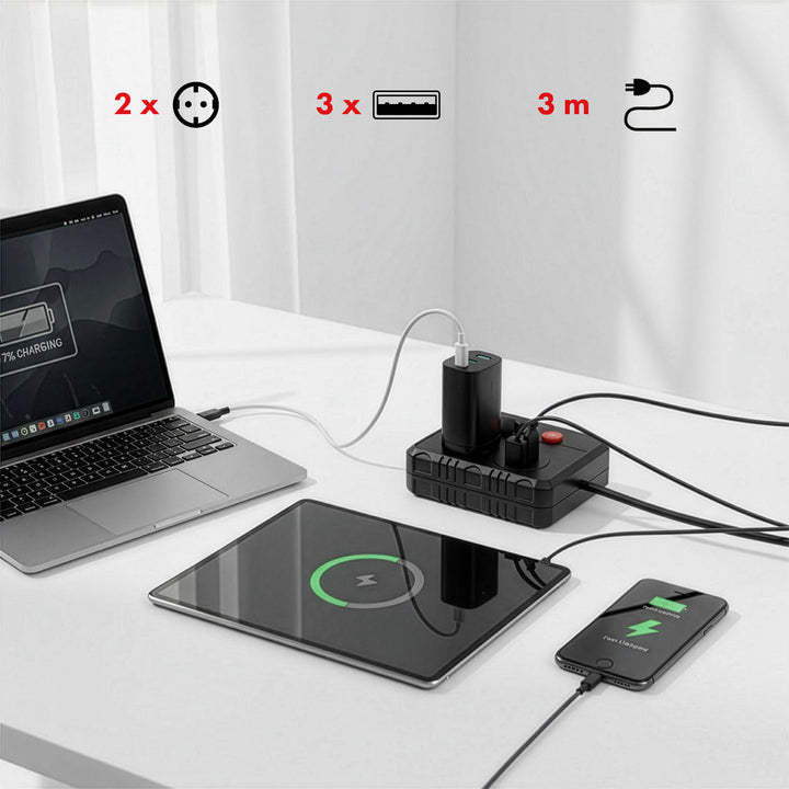 Maclean power strip, extender 2 sockets + 3xUSB, 110-240V AC 50/60Hz, 2.1A max 2500W, 3 m, black, MCE388 B