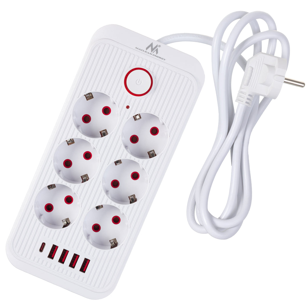 Maclean power strip, 6 socket extension + 4xUSB, 110-240V AC 50/60Hz, 2.1A max 2500W, 1.5 m, white, MCE389 W