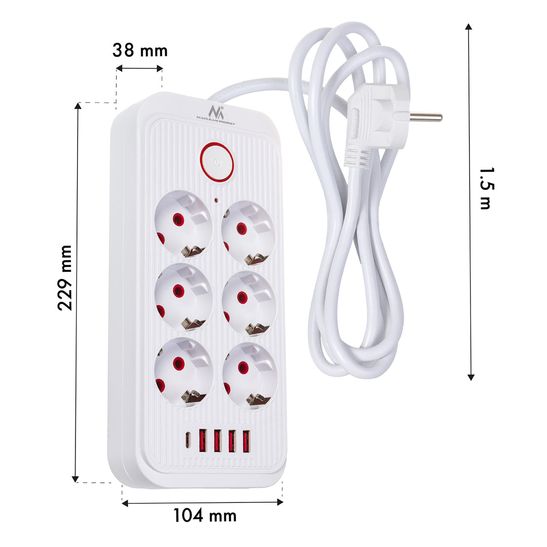 Maclean power strip, 6 socket extension + 4xUSB, 110-240V AC 50/60Hz, 2.1A max 2500W, 1.5 m, white, MCE389 W