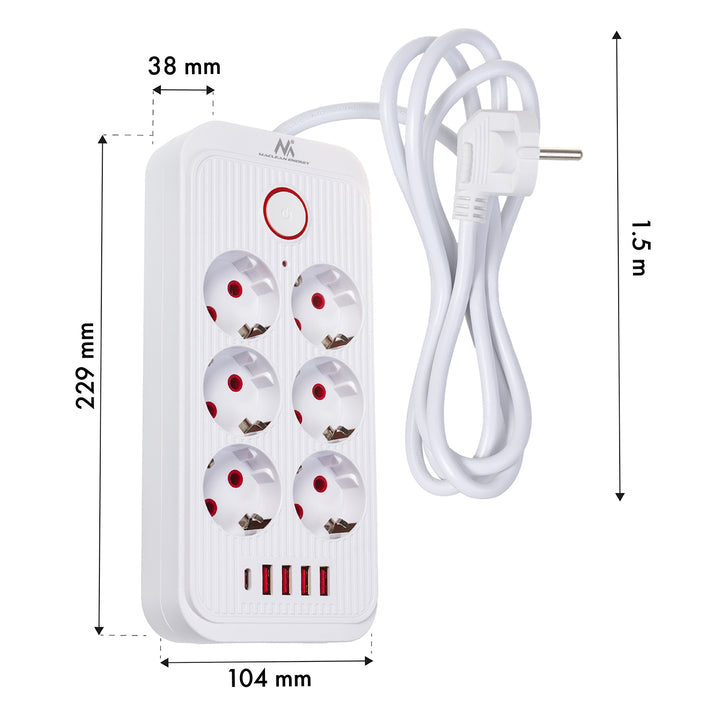 Maclean power strip, 6 socket extension + 4xUSB, 110-240V AC 50/60Hz, 2.1A max 2500W, 1.5 m, white, MCE389 W