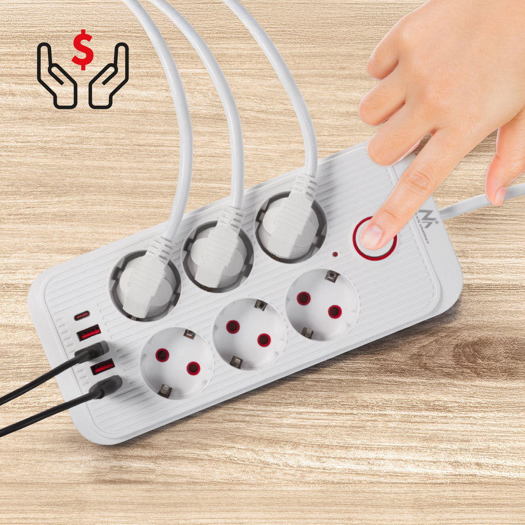 Maclean power strip, 6 socket extension + 4xUSB, 110-240V AC 50/60Hz, 2.1A max 2500W, 1.5 m, white, MCE389 W