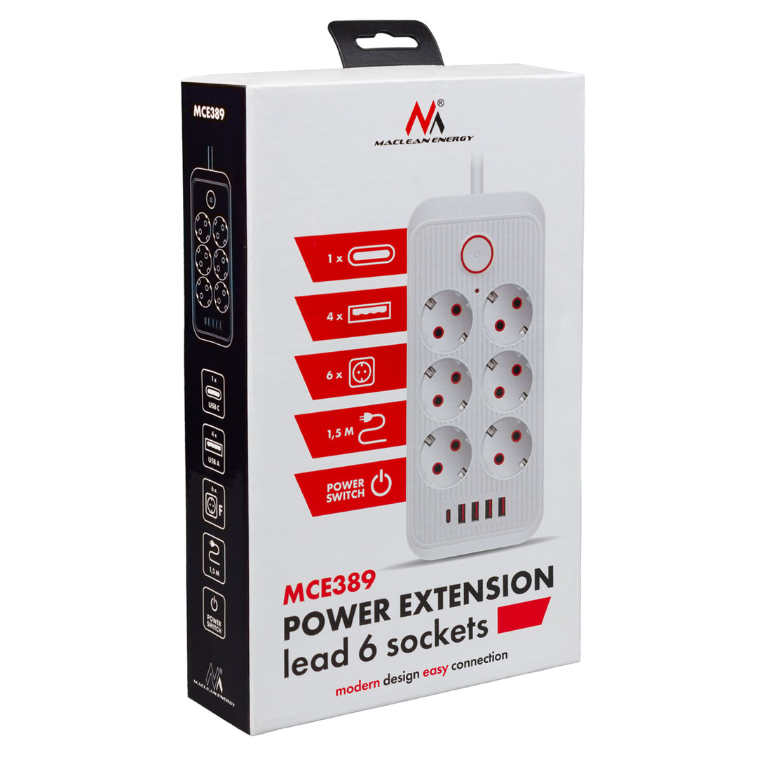 Maclean power strip, 6 socket extension + 4xUSB, 110-240V AC 50/60Hz, 2.1A max 2500W, 1.5 m, black, MCE389 B