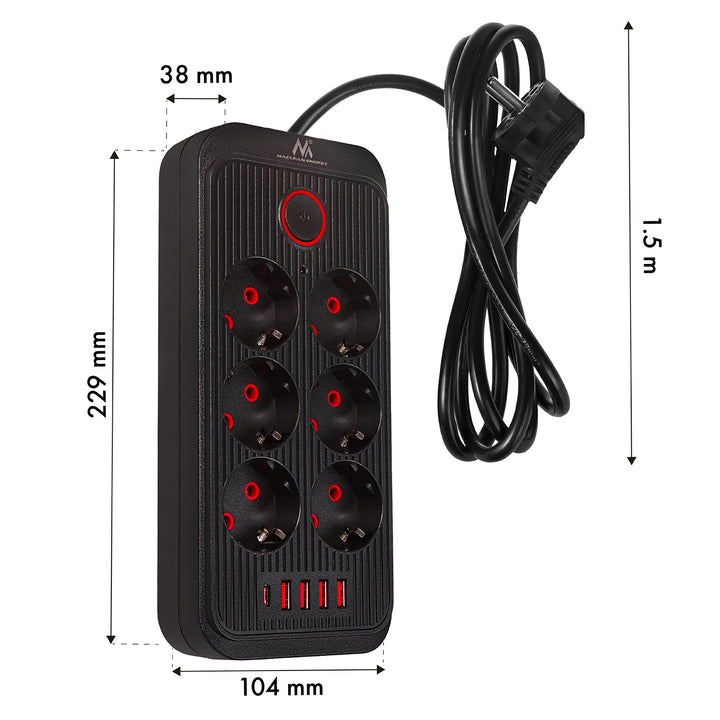 Maclean power strip, 6 socket extension + 4xUSB, 110-240V AC 50/60Hz, 2.1A max 2500W, 1.5 m, black, MCE389 B