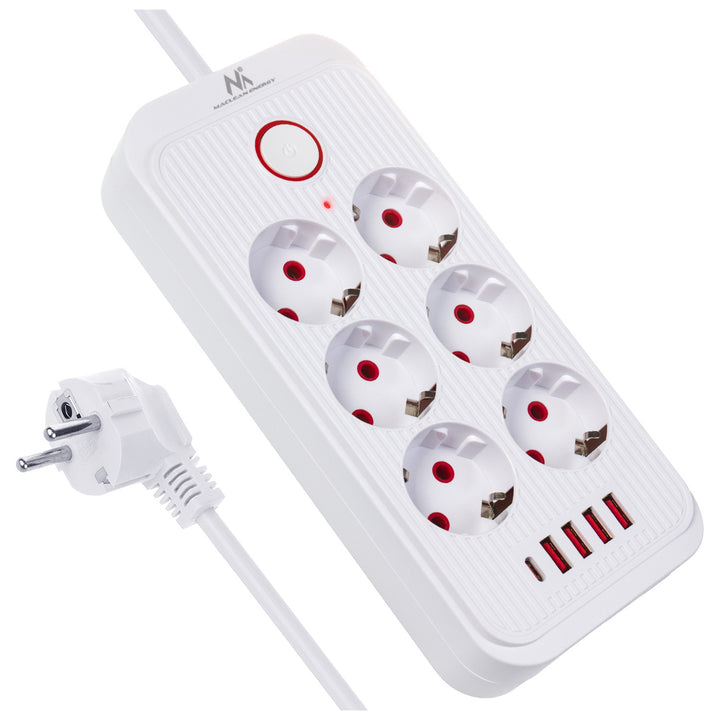 Maclean power strip, 6 socket extension + 4xUSB, 110-240V AC 50/60Hz, 2.1A max 2500W, 3m, white, MCE391 W