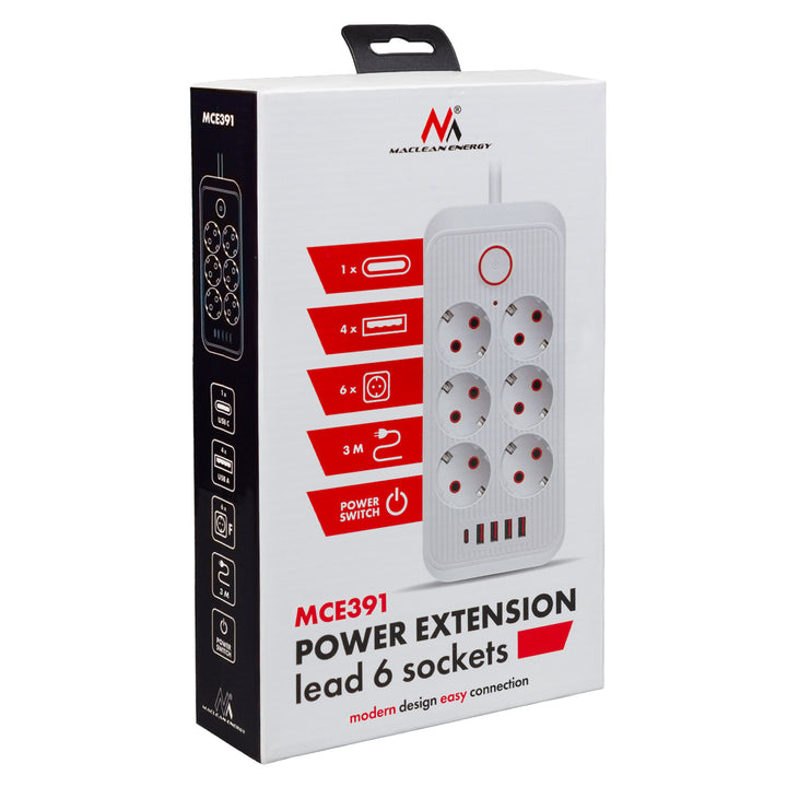 Maclean power strip, 6 socket extension + 4xUSB, 110-240V AC 50/60Hz, 2.1A max 2500W, 3m, black, MCE391 B