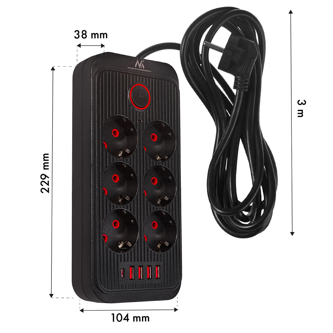 Maclean power strip, 6 socket extension + 4xUSB, 110-240V AC 50/60Hz, 2.1A max 2500W, 3m, black, MCE391 B