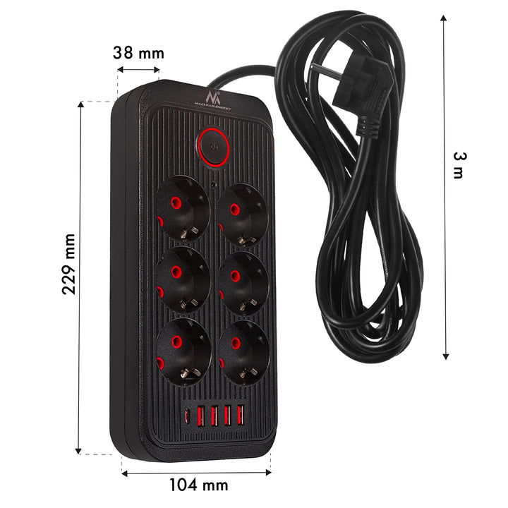 Maclean power strip, 6 socket extension + 4xUSB, 110-240V AC 50/60Hz, 2.1A max 2500W, 3m, black, MCE391 B