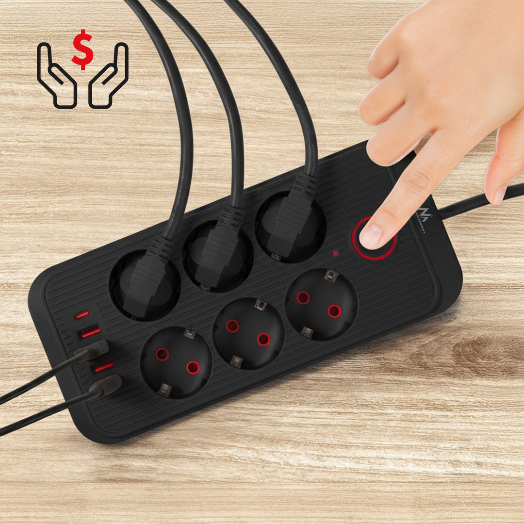 Maclean power strip, 6 socket extension + 4xUSB, 110-240V AC 50/60Hz, 2.1A max 2500W, 3m, black, MCE391 B