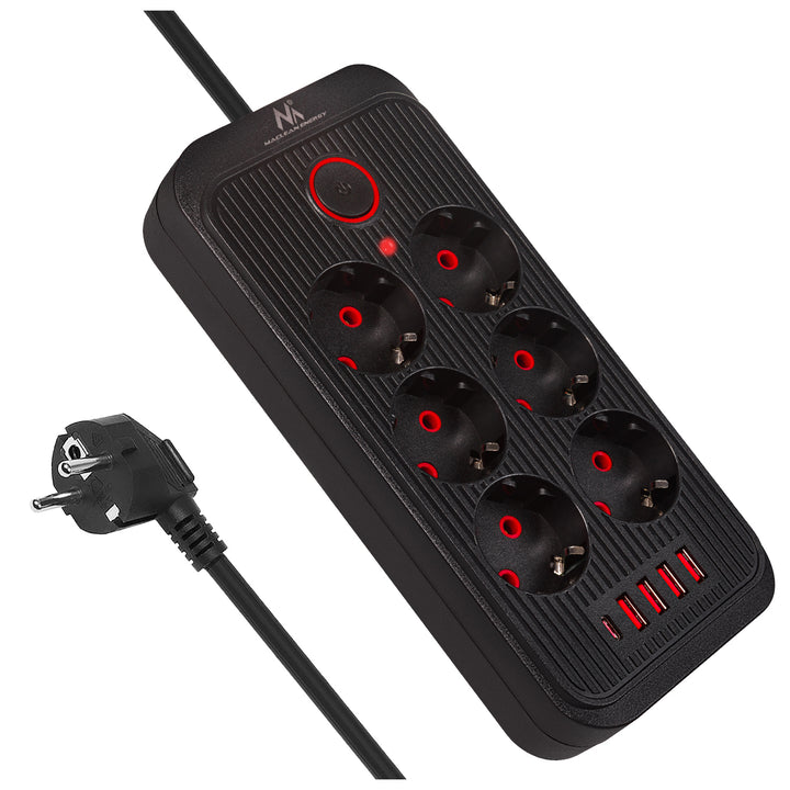 Maclean power strip, 6 socket extension + 4xUSB, 110-240V AC 50/60Hz, 2.1A max 2500W, 3m, black, MCE391 B