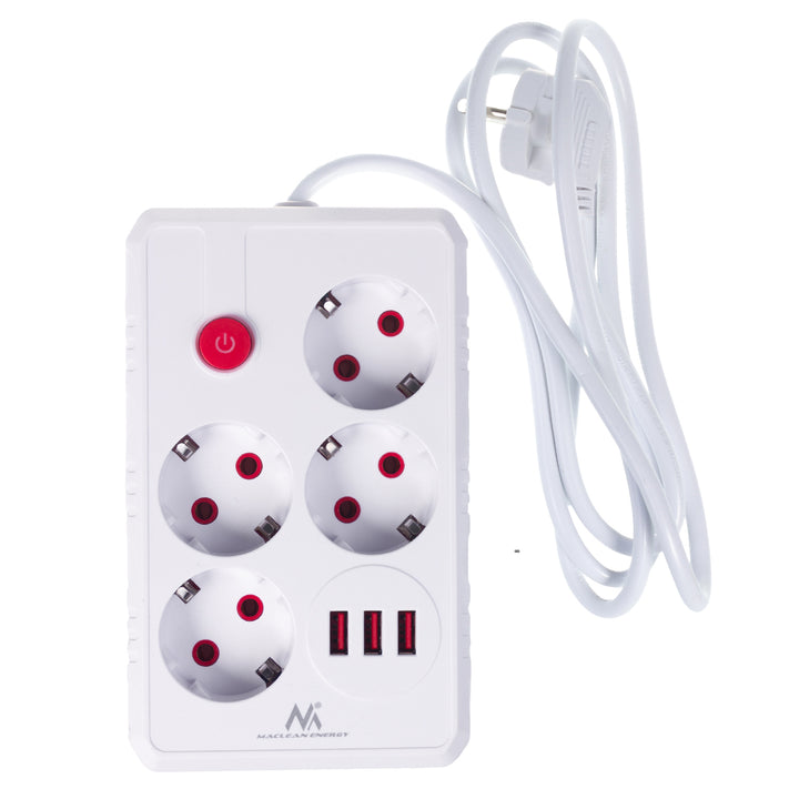 Maclean power strip, 4-socket extension cable + 3xUSB, 110-240V AC 50/60Hz, 2.1A max 2500W, 1.5m, white, MCE392 W