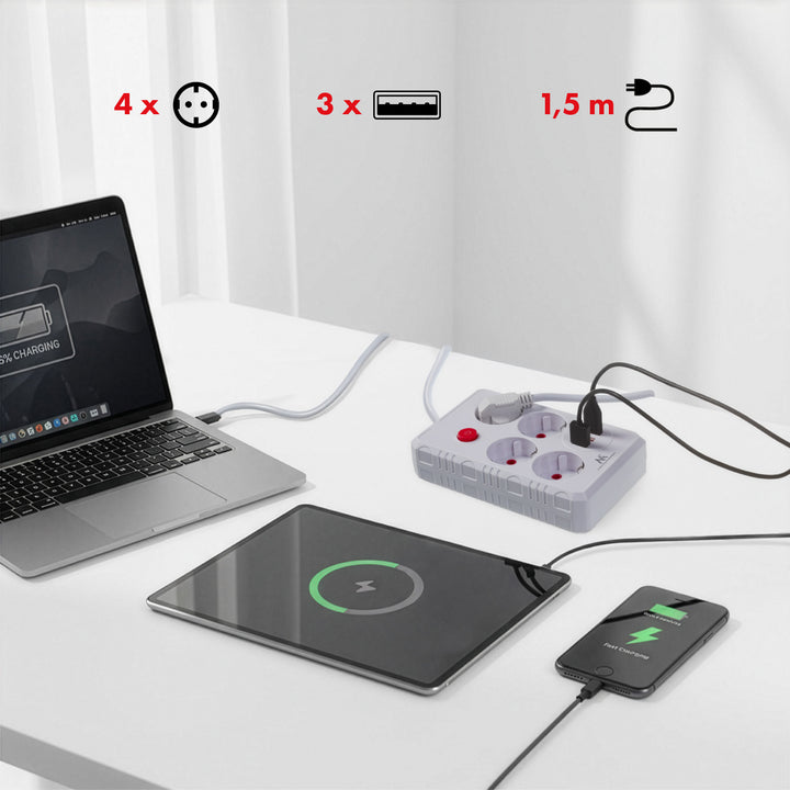 Maclean power strip, 4-socket extension cable + 3xUSB, 110-240V AC 50/60Hz, 2.1A max 2500W, 1.5m, white, MCE392 W