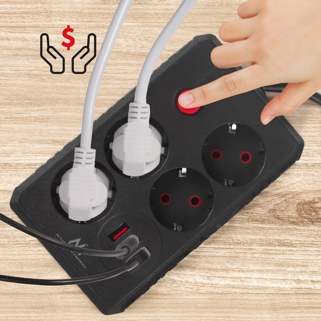 Maclean power strip, 4-socket extension cable + 3xUSB, 110-240V AC 50/60Hz, 2.1A max 2500W, 1.5m, black, MCE392 B