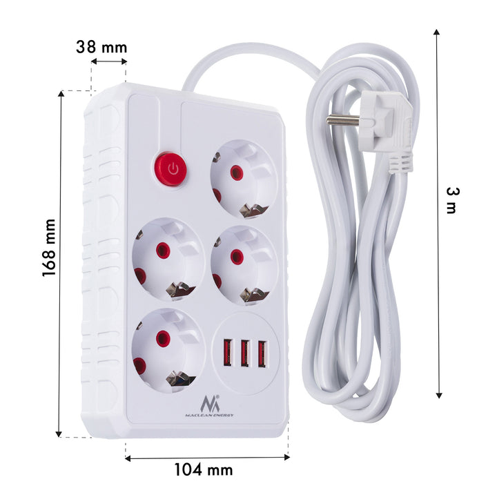 Maclean power strip, 4-socket extension cable + 3xUSB, 110-240V AC 50/60Hz, 2.1A max 2500W, 3m, white, MCE393 W