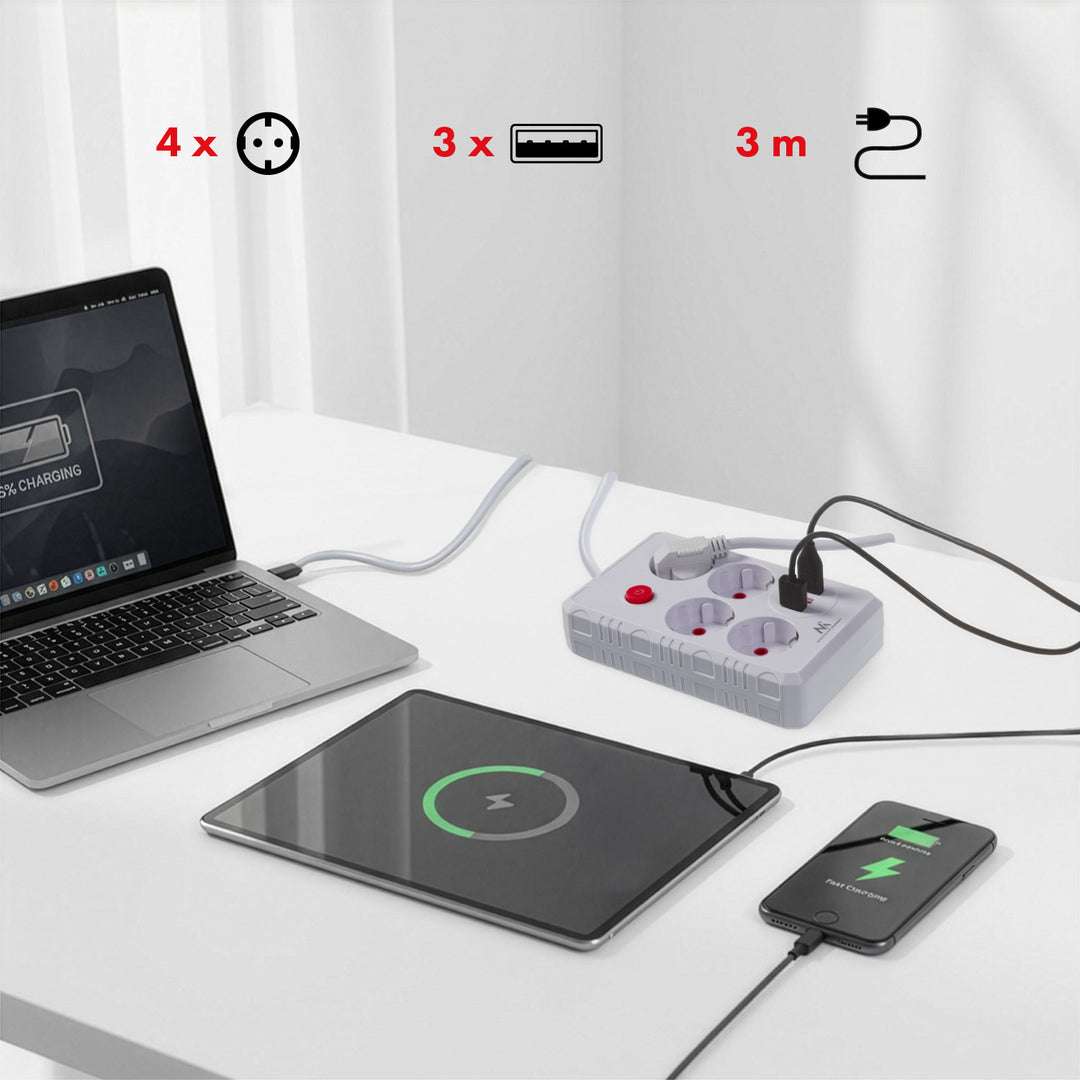 Maclean power strip, 4-socket extension cable + 3xUSB, 110-240V AC 50/60Hz, 2.1A max 2500W, 3m, white, MCE393 W