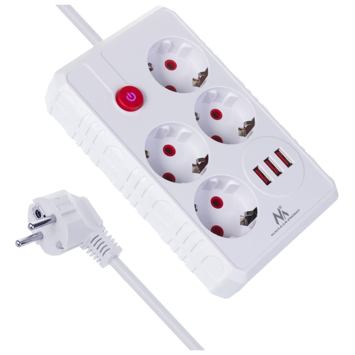 Maclean power strip, 4-socket extension cable + 3xUSB, 110-240V AC 50/60Hz, 2.1A max 2500W, 3m, white, MCE393 W
