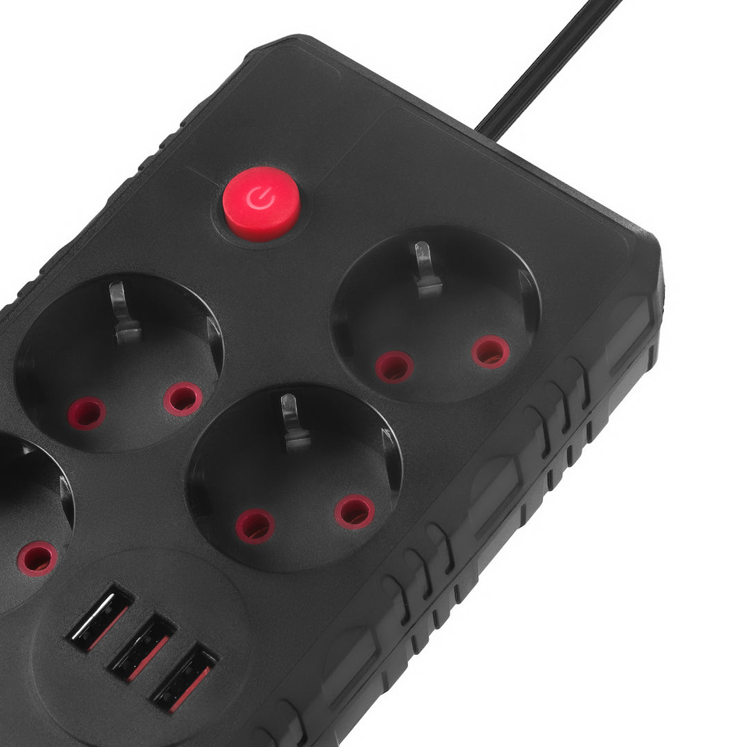 Maclean power strip, 4-socket extension cable + 3xUSB, 110-240V AC 50/60Hz, 2.1A max 2500W, 3m, black, MCE393 B