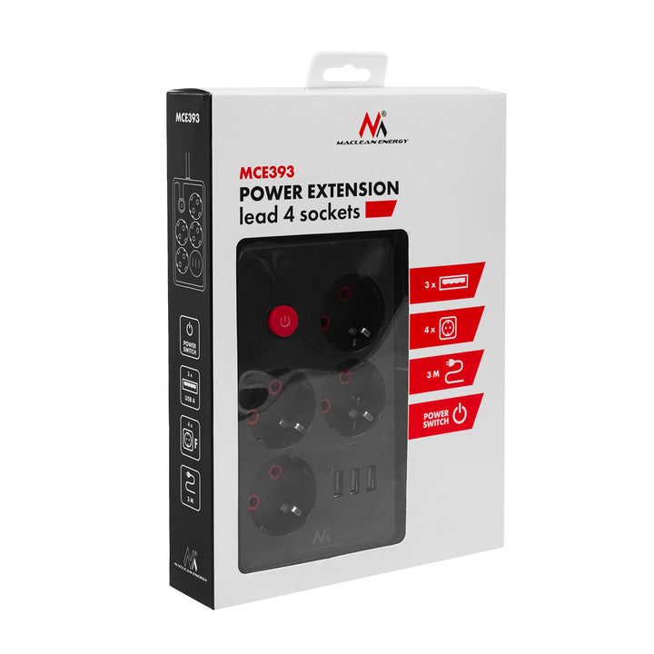 Maclean power strip, 4-socket extension cable + 3xUSB, 110-240V AC 50/60Hz, 2.1A max 2500W, 3m, black, MCE393 B