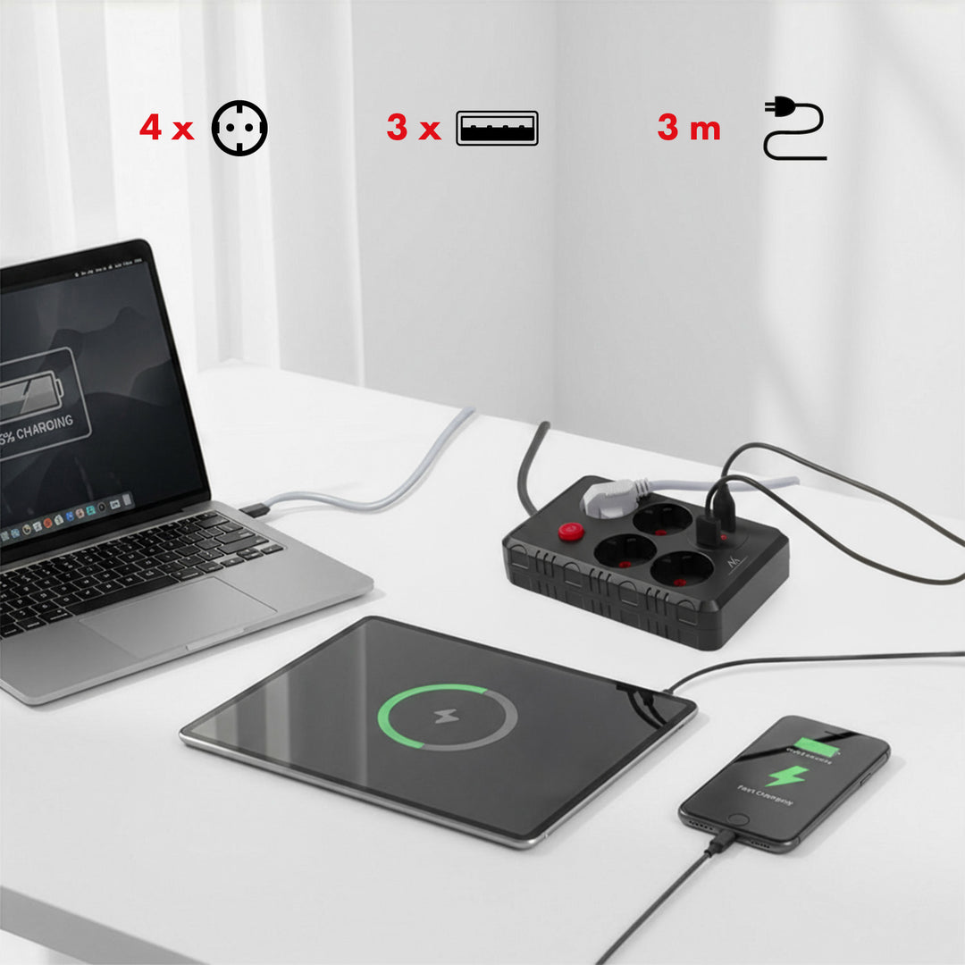 Maclean power strip, 4-socket extension cable + 3xUSB, 110-240V AC 50/60Hz, 2.1A max 2500W, 3m, black, MCE393 B