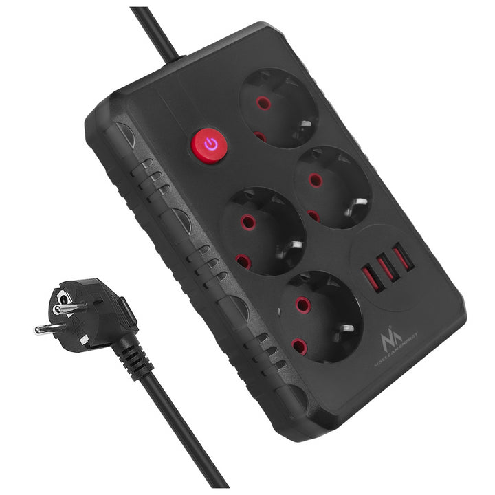 Maclean power strip, 4-socket extension cable + 3xUSB, 110-240V AC 50/60Hz, 2.1A max 2500W, 3m, black, MCE393 B