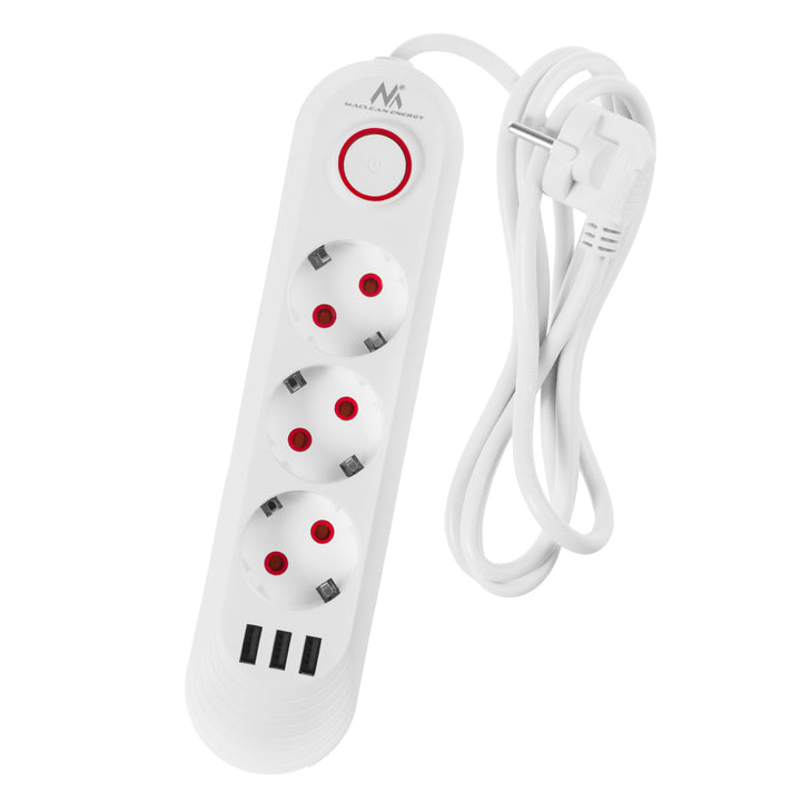 Maclean power strip, 3 socket extension + 3xUSB, 110-240V AC 50/60Hz, 2.1A max 2500W, 1.5m, white, MCE394 W