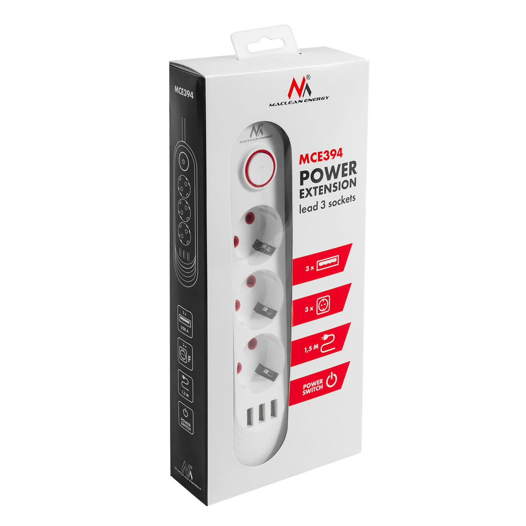 Maclean power strip, 3 socket extension + 3xUSB, 110-240V AC 50/60Hz, 2.1A max 2500W, 1.5m, white, MCE394 W