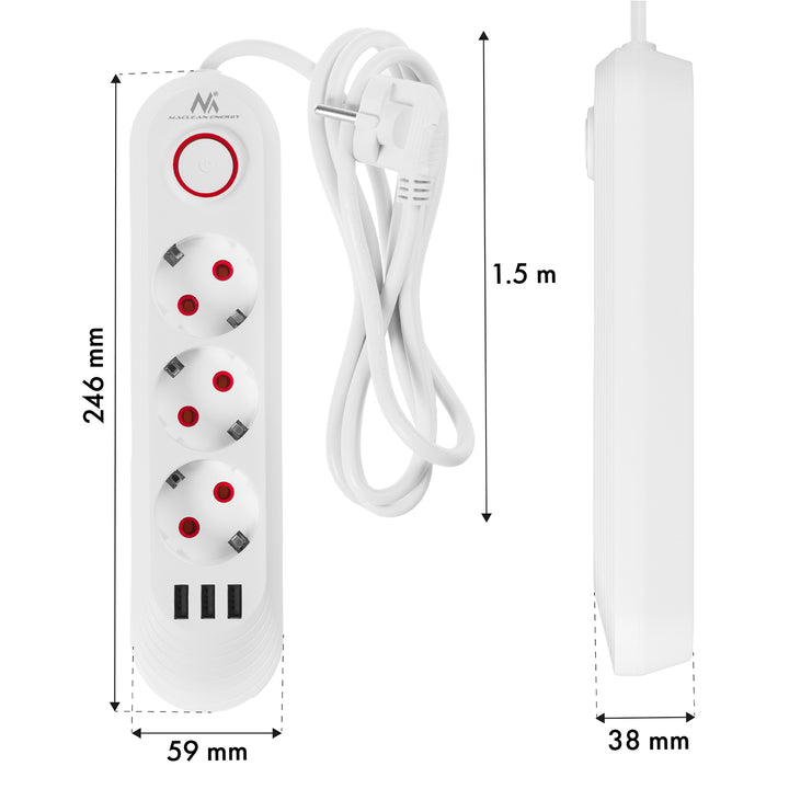 Maclean power strip, 3 socket extension + 3xUSB, 110-240V AC 50/60Hz, 2.1A max 2500W, 1.5m, white, MCE394 W