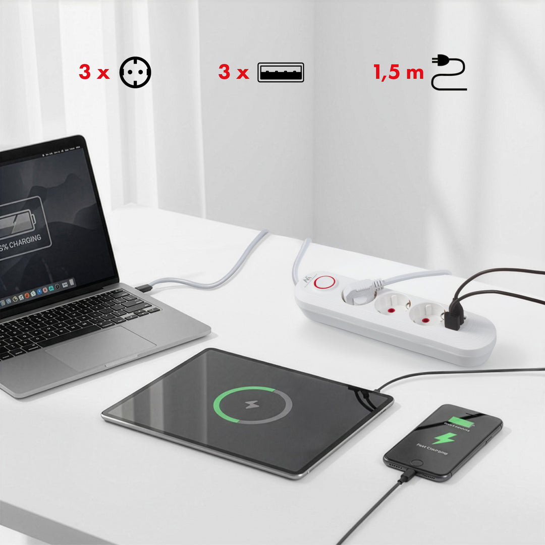 Maclean power strip, 3 socket extension + 3xUSB, 110-240V AC 50/60Hz, 2.1A max 2500W, 1.5m, white, MCE394 W