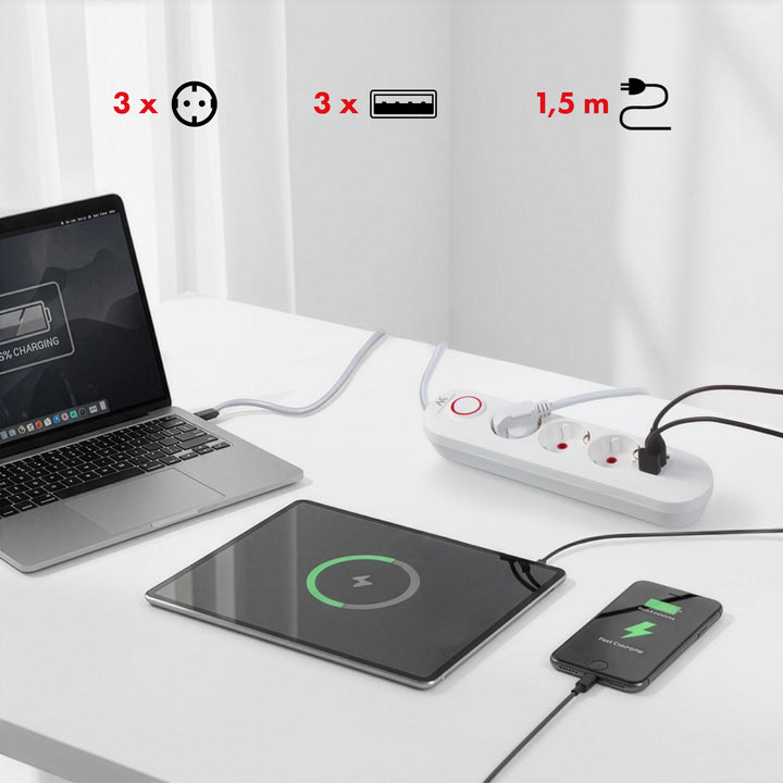 Maclean power strip, 3 socket extension + 3xUSB, 110-240V AC 50/60Hz, 2.1A max 2500W, 1.5m, white, MCE394 W