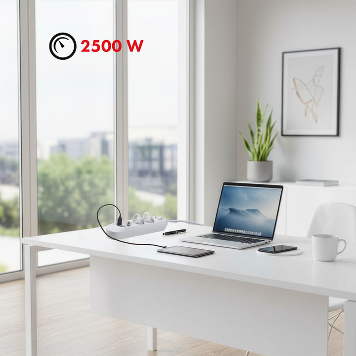 Maclean power strip, 3 socket extension + 3xUSB, 110-240V AC 50/60Hz, 2.1A max 2500W, 1.5m, white, MCE394 W