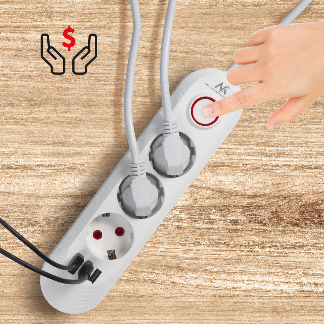 Maclean power strip, 3 socket extension + 3xUSB, 110-240V AC 50/60Hz, 2.1A max 2500W, 1.5m, white, MCE394 W