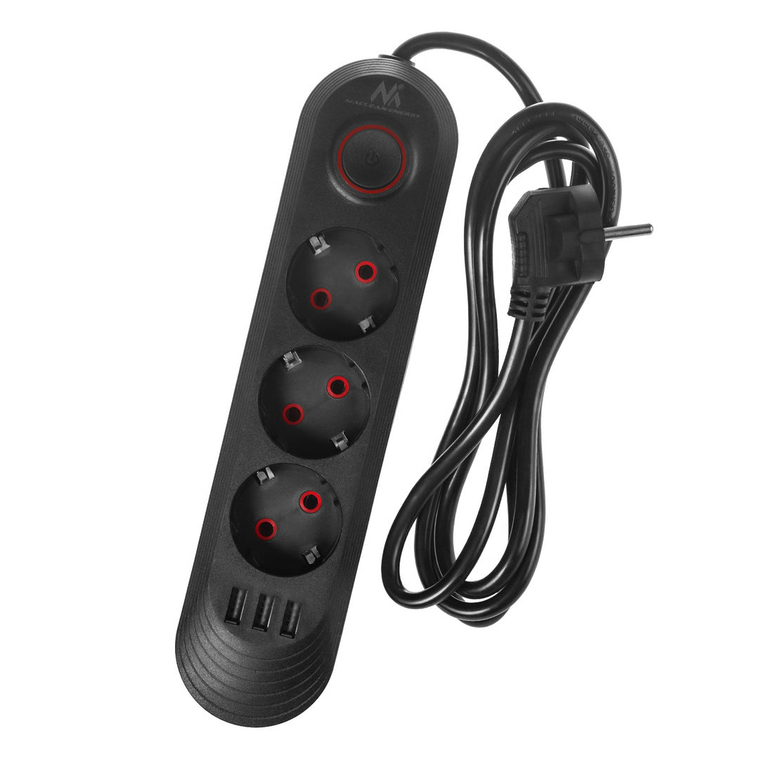 Maclean power strip, 3-socket extension cable + 3xUSB, 110-240V AC 50/60Hz, 2.1A max 2500W, 1.5m, black, MCE394 B