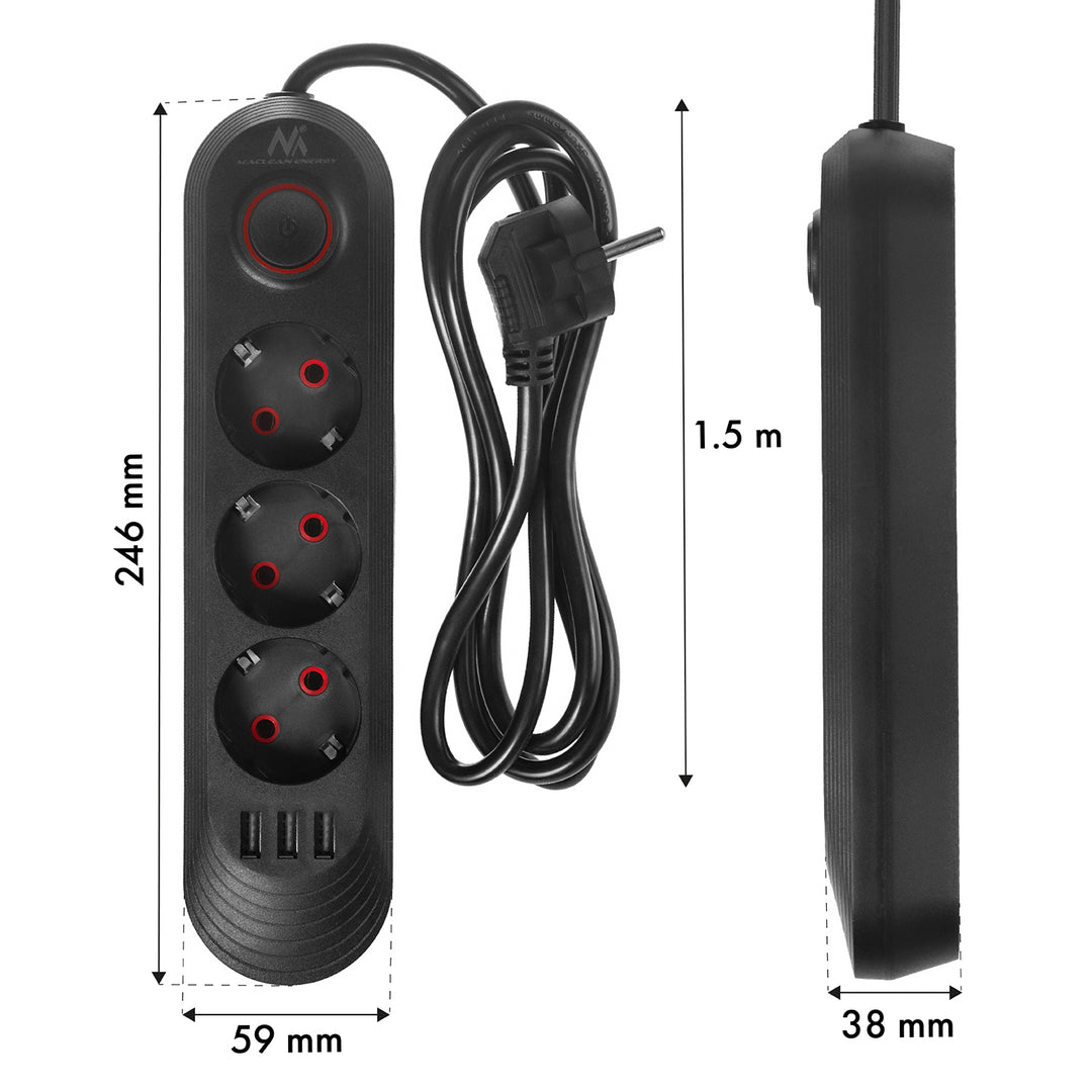 Maclean power strip, 3-socket extension cable + 3xUSB, 110-240V AC 50/60Hz, 2.1A max 2500W, 1.5m, black, MCE394 B