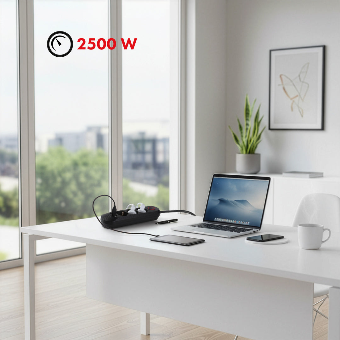 Maclean power strip, 3-socket extension cable + 3xUSB, 110-240V AC 50/60Hz, 2.1A max 2500W, 1.5m, black, MCE394 B