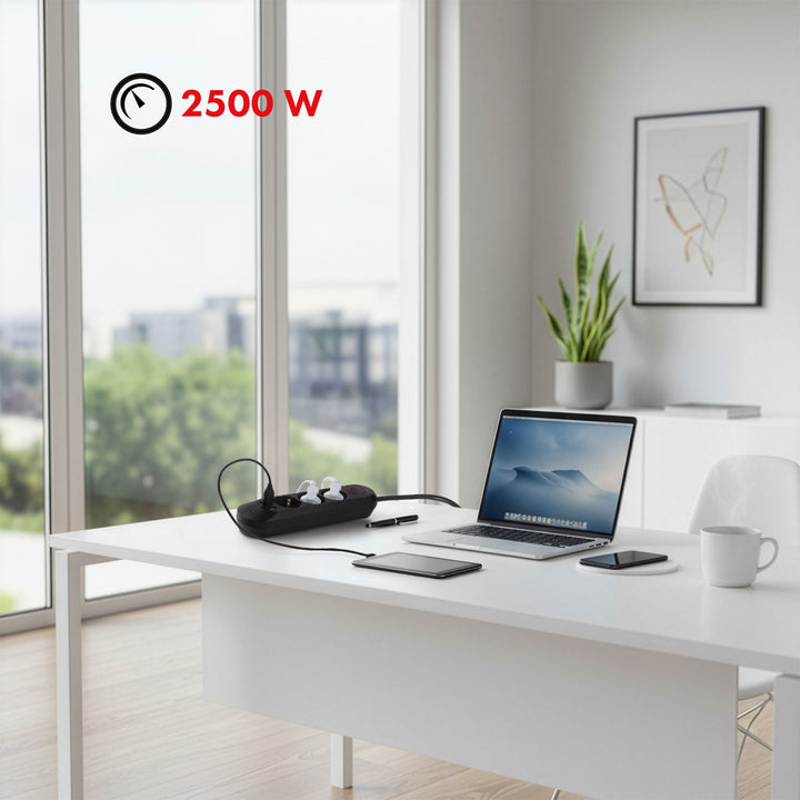 Maclean power strip, 3-socket extension cable + 3xUSB, 110-240V AC 50/60Hz, 2.1A max 2500W, 1.5m, black, MCE394 B