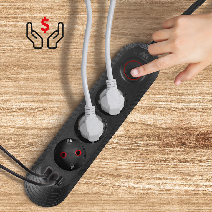 Maclean power strip, 3-socket extension cable + 3xUSB, 110-240V AC 50/60Hz, 2.1A max 2500W, 1.5m, black, MCE394 B
