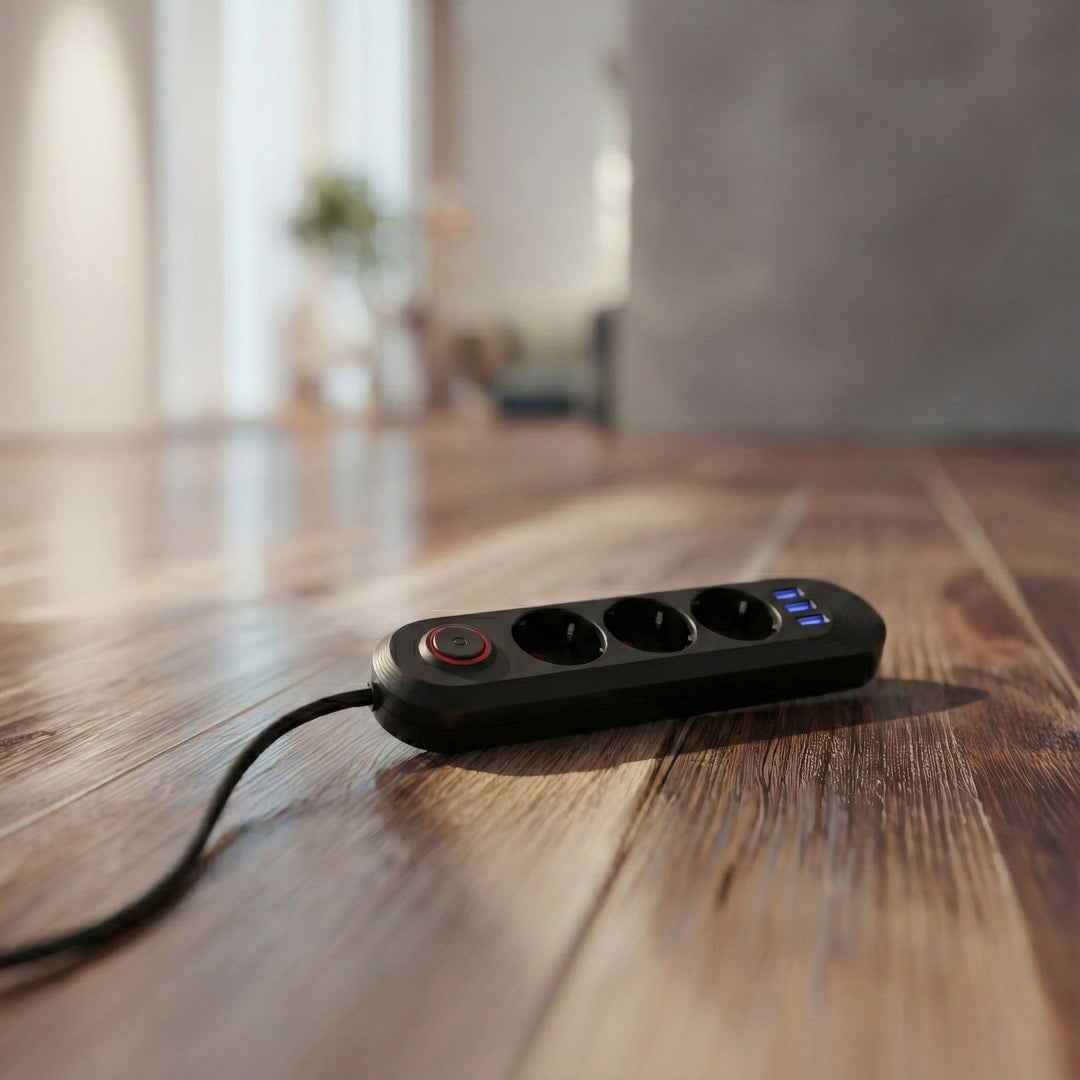 Maclean power strip, 3-socket extension cable + 3xUSB, 110-240V AC 50/60Hz, 2.1A max 2500W, 1.5m, black, MCE394 B