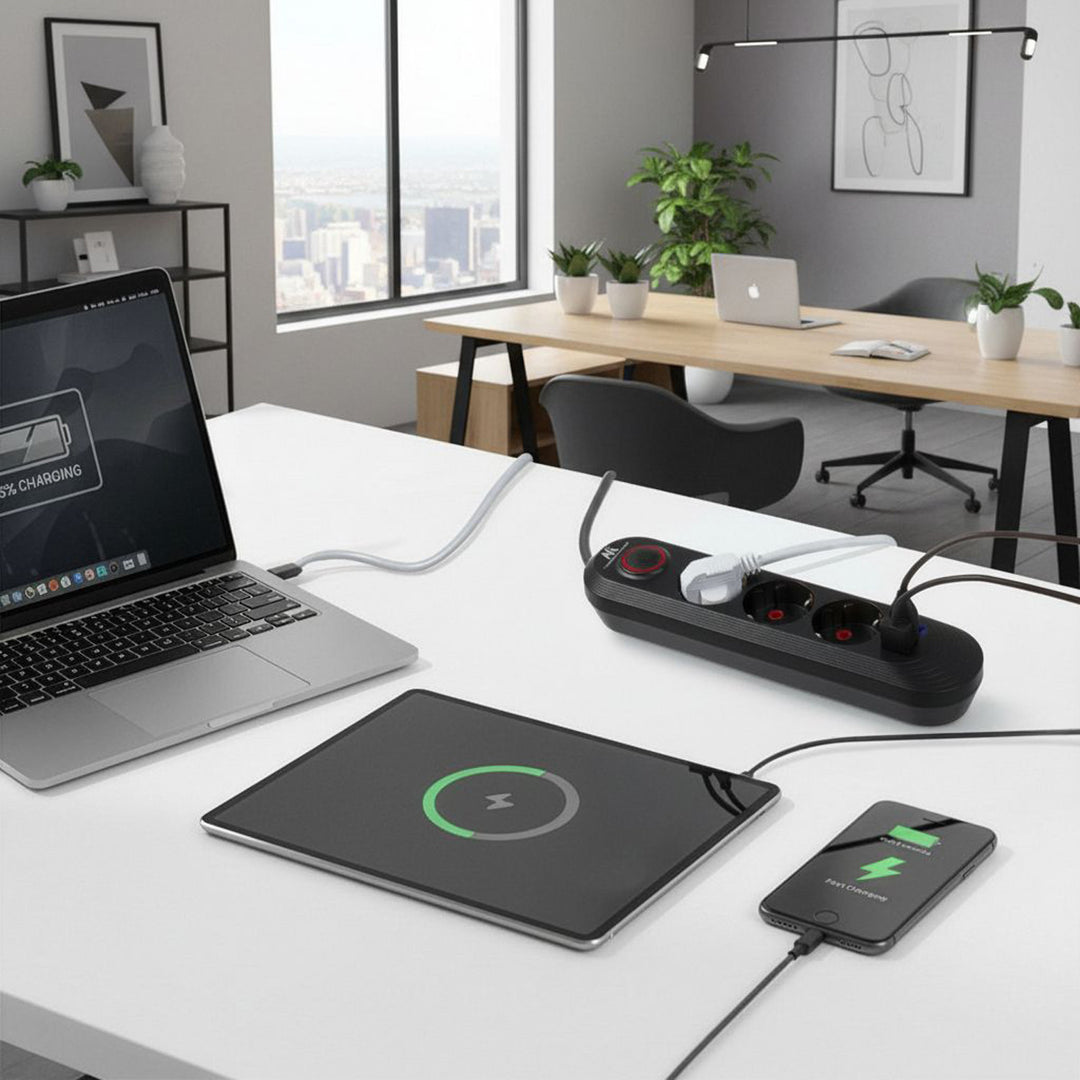 Maclean power strip, 3-socket extension cable + 3xUSB, 110-240V AC 50/60Hz, 2.1A max 2500W, 1.5m, black, MCE394 B