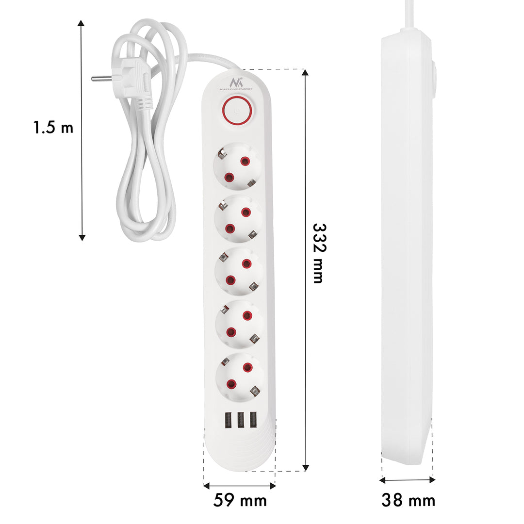 Maclean power strip, 5 socket extension + 3xUSB, 110-240V AC 50/60Hz, 2.1A max 2500W, 1.5m, white, MCE395 W
