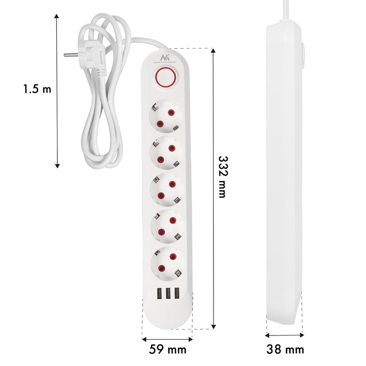 Maclean power strip, 5 socket extension + 3xUSB, 110-240V AC 50/60Hz, 2.1A max 2500W, 1.5m, white, MCE395 W
