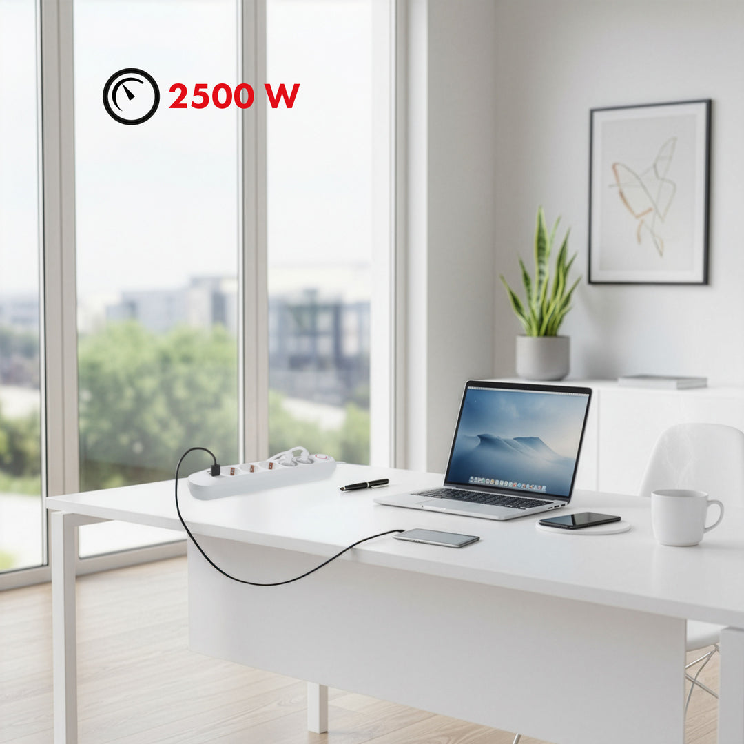 Maclean power strip, 5 socket extension + 3xUSB, 110-240V AC 50/60Hz, 2.1A max 2500W, 1.5m, white, MCE395 W