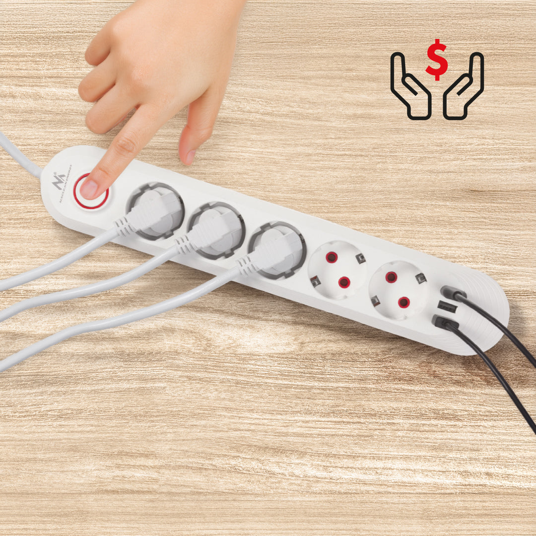 Maclean power strip, 5 socket extension + 3xUSB, 110-240V AC 50/60Hz, 2.1A max 2500W, 1.5m, white, MCE395 W